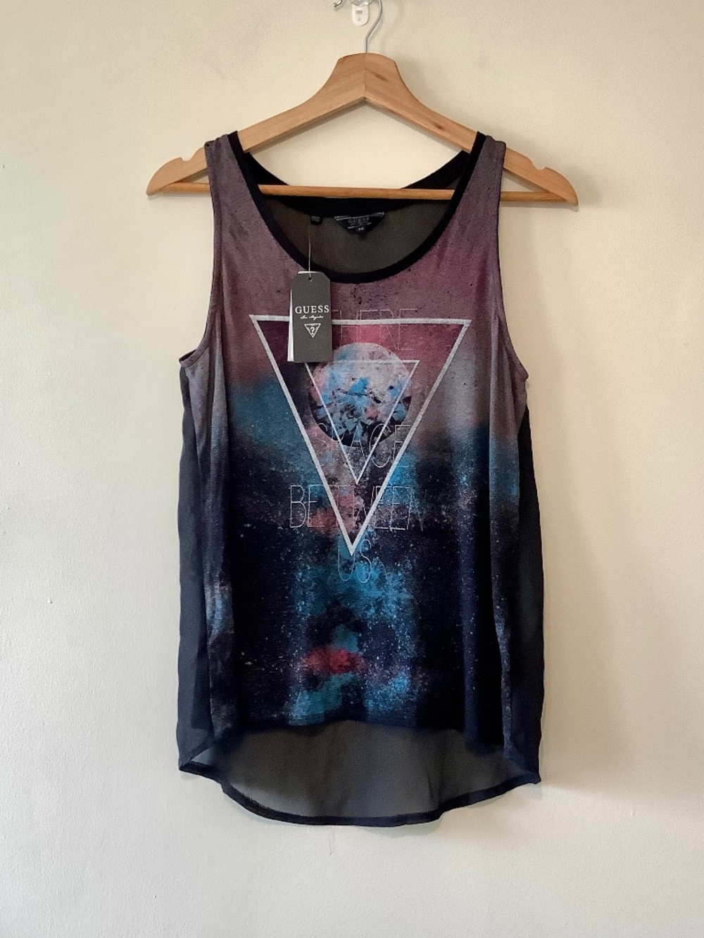 Guess Distressed Space Graphic Tank Top Boho Vintage Tee Sheer Chiffon Back